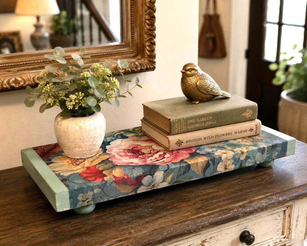 Peony Floral, Decoupage Wood Riser | Sage Green Farmhouse Tray (12X5.75)